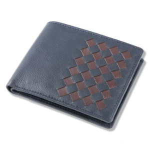 burmuk men’s slim leather wallet – blue with hand woven brown contrast